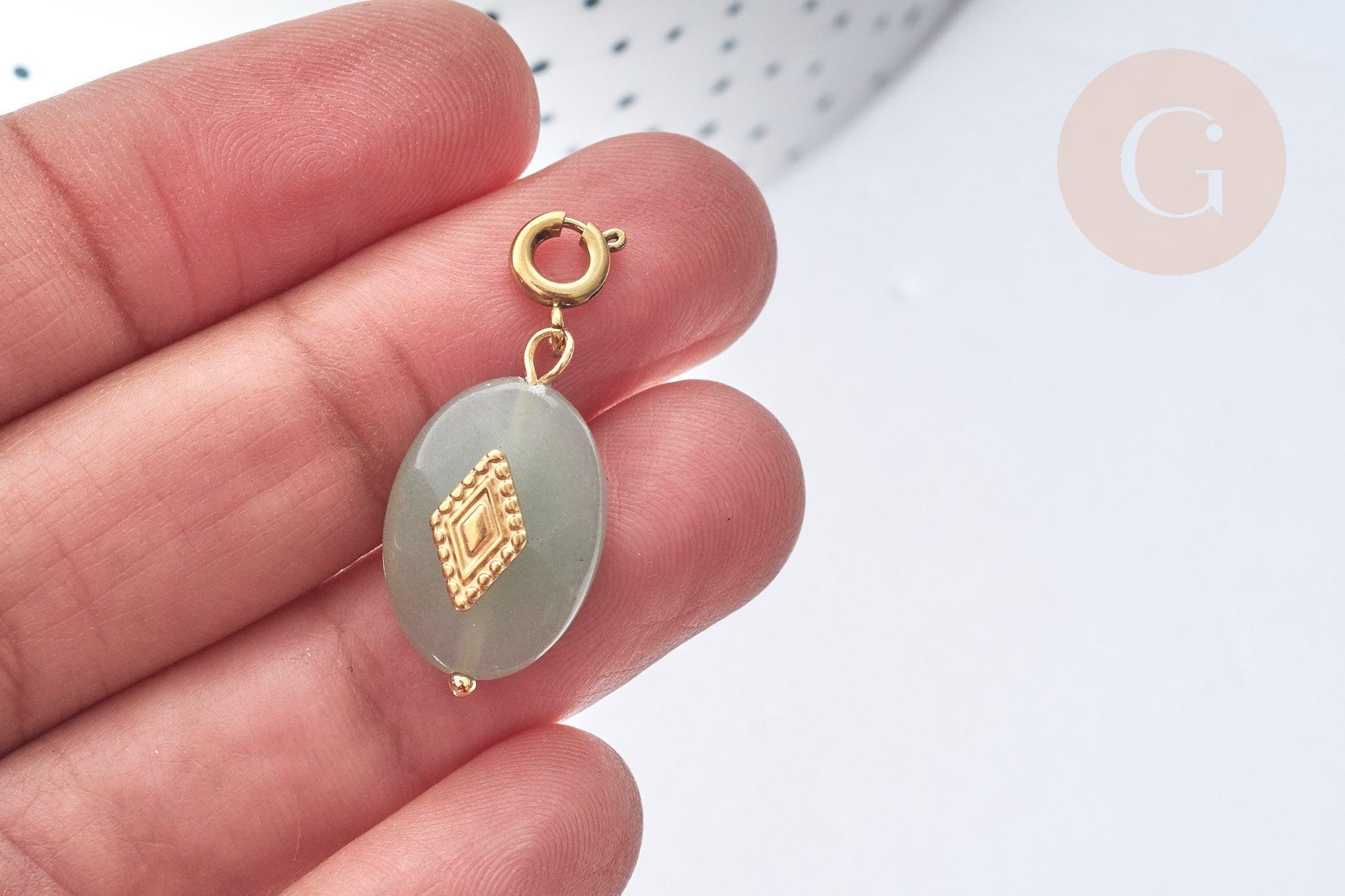 Pendentif goutte amulette losange aventurine naturelle acier inoxydable doré 29mm, x1 (G7626)