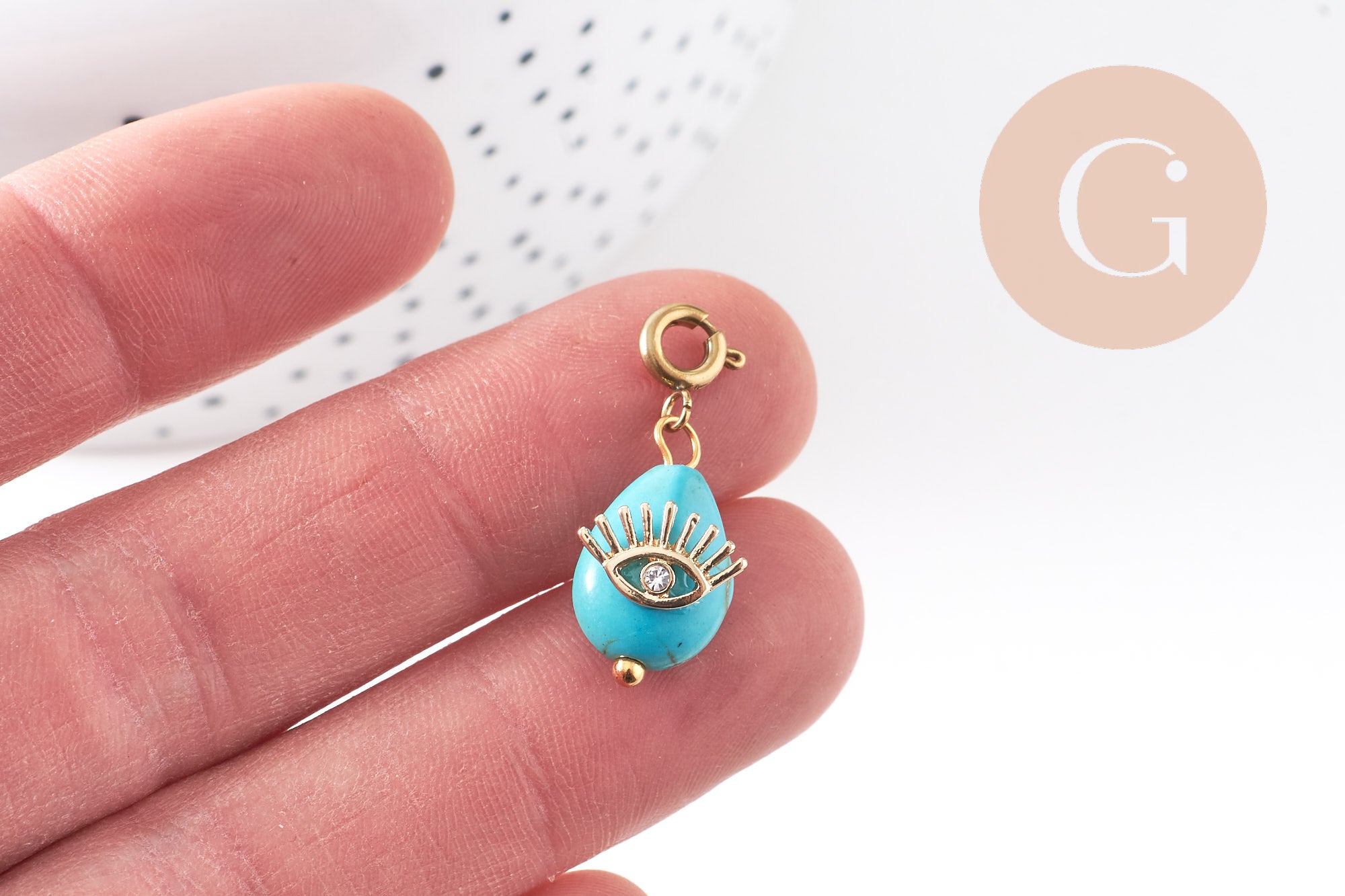 Pendentif goutte amulette oeil howlite de synthèse acier inoxydable doré 27mm, x1 (G7625)