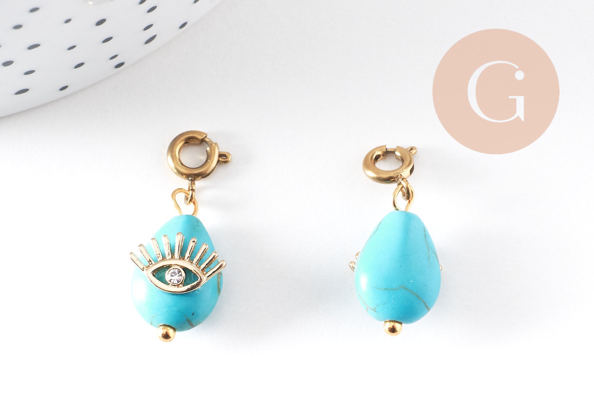 Pendentif goutte amulette oeil howlite de synthèse acier inoxydable doré 27mm, x1 (G7625)