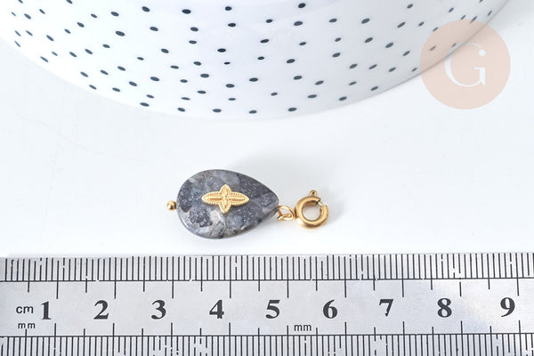 Pendentif goutte amulette, pierre labradorite naturelle, acier inoxydable doré, 27mm, x1 (G7629)