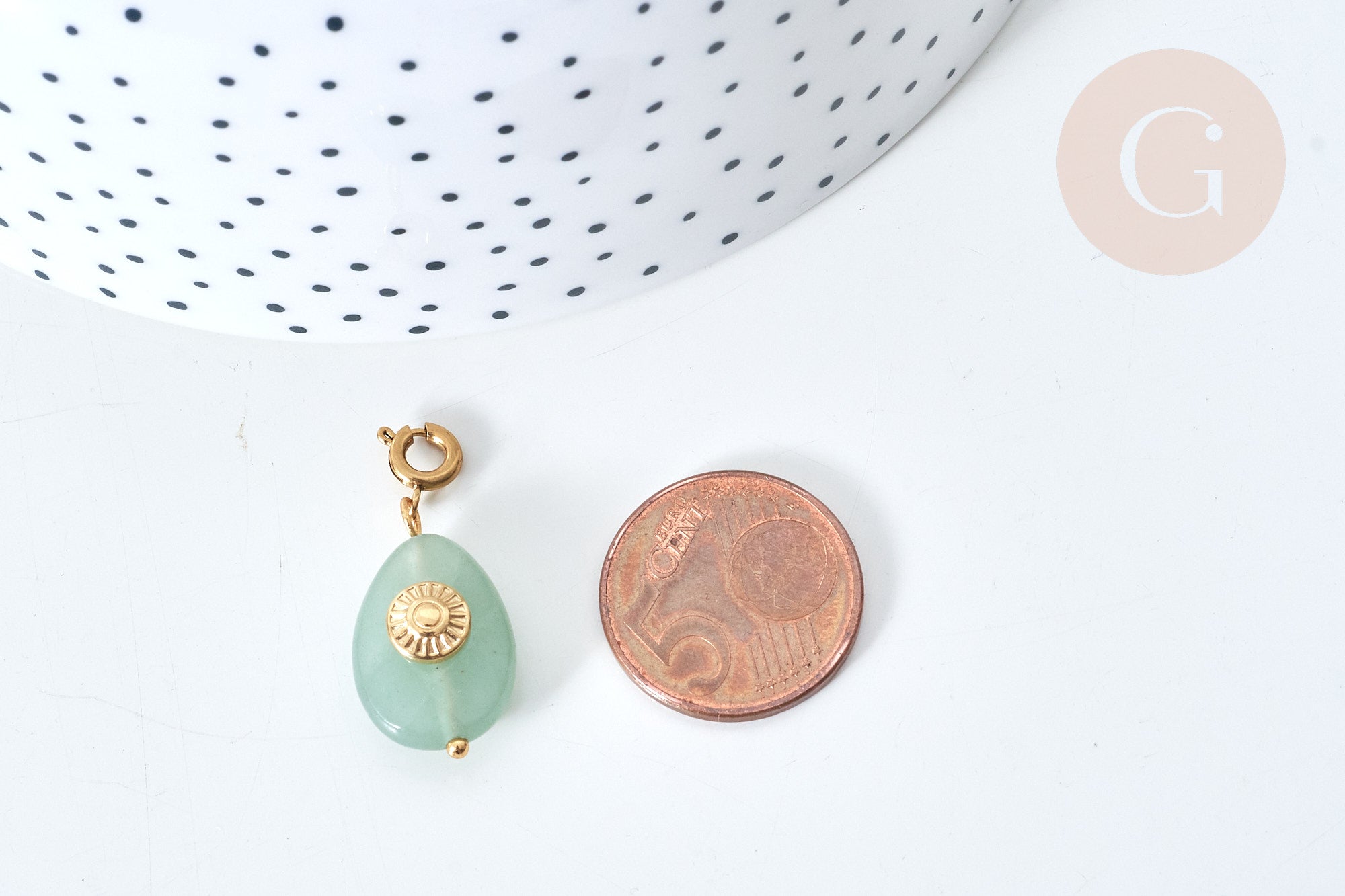 Pendentif goutte amulette soleil aventurine naturelle acier inoxydable doré 29mm, pendentif pierre naturelle, x1 (G7627)