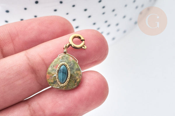 Pendentif goutte amulette unakite naturelle acier inoxydable doré 21mm, pendentif pierre naturelle, x1 G7630