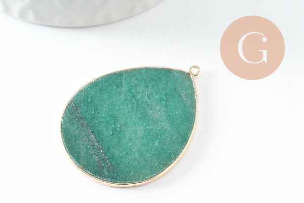 Pendentif goutte aventurine verte naturelle laiton doré 44mm, x1 (G9837)