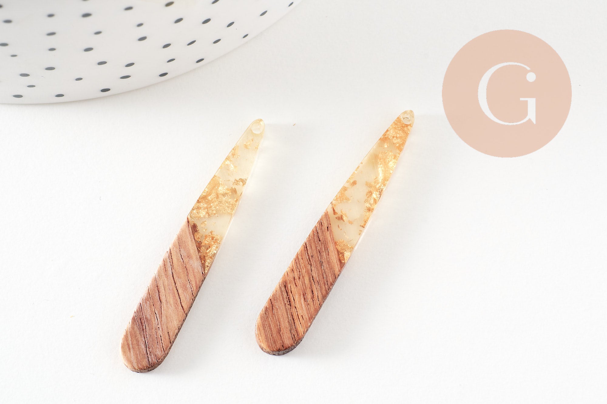 pendentif goutte bois résine feuille d'or 44mm, bois naturel,création bijoux bois,x2,G2518