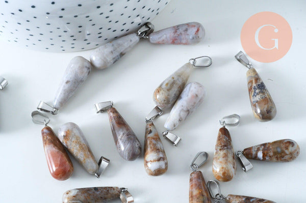 Pendentif goutte crazy agate roulée roulée acier platine 30mm, pendentif pierre acier inoxydable pierre naturelle, x1, G6168