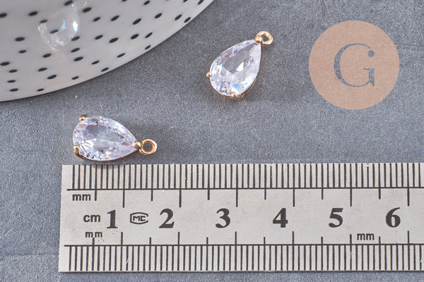 Pendentif goutte doré 24 carats zircon blanc 15mm,pendentif cristal, pendentif doré cristal, création bijoux, les 5, G3917