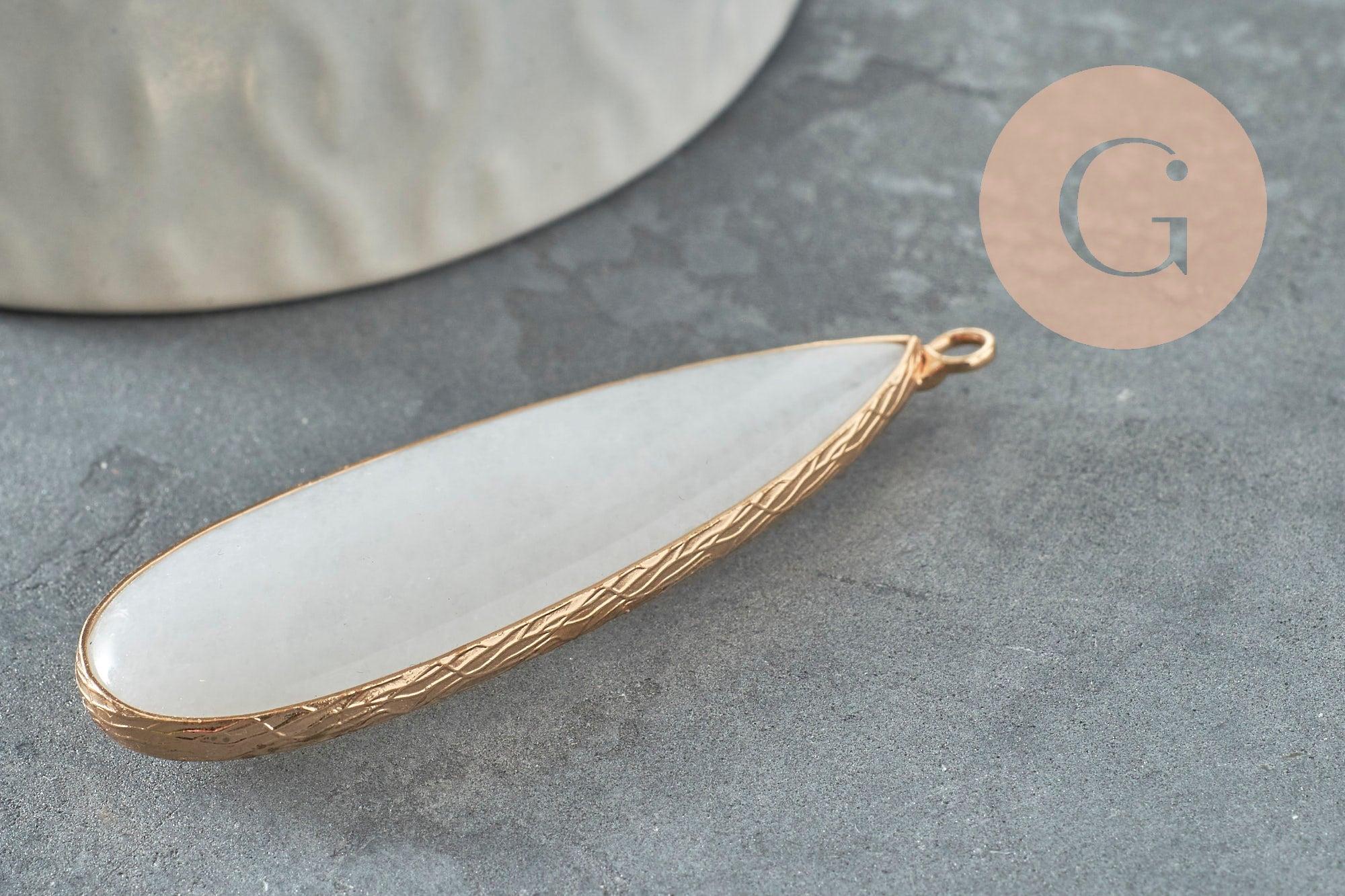 Pendentif goutte jade blanc doré 58mm, pendentif pendentif pierre naturelle, x1 G6289