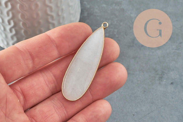Pendentif goutte jade blanc doré 58mm, pendentif pendentif pierre naturelle, x1 G6289