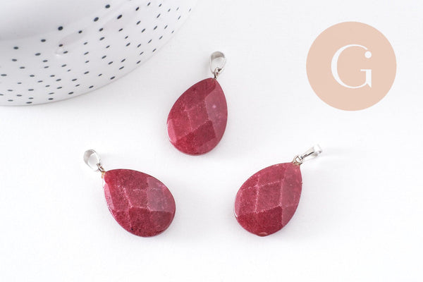 Pendentif goutte jade naturel bordeau facetté laiton platine 27.5mm, x1 (G10234)