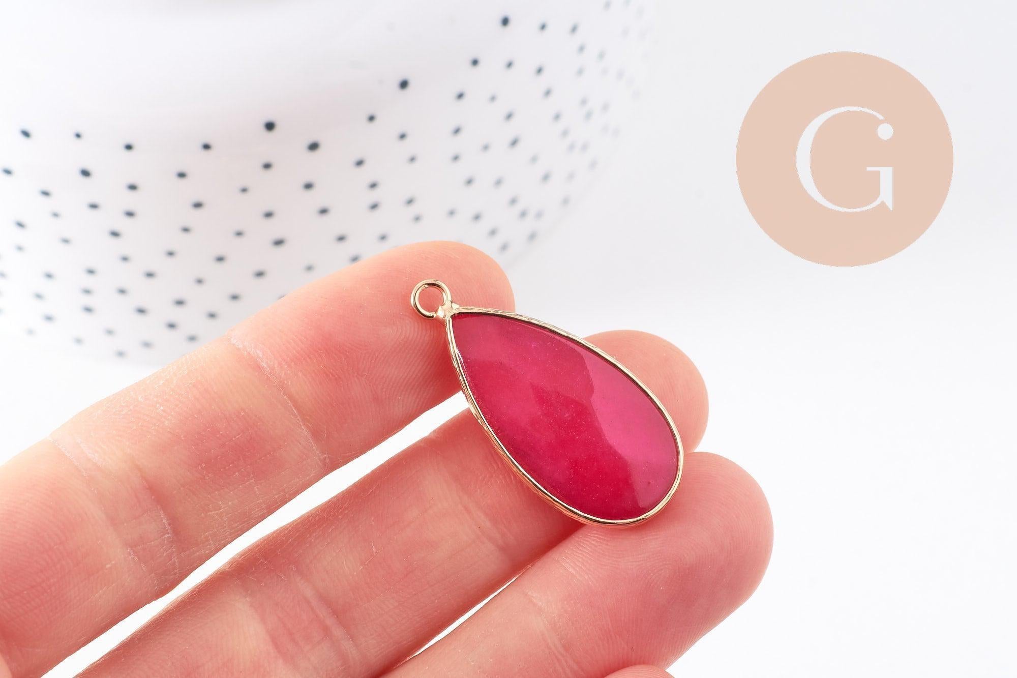 Pendentif goutte jade naturel rouge doré 33mm, x1 (G10109)