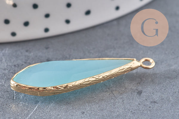 Pendentif goutte jade naturel vert turquoise doré 36mm, x1 (G2724)