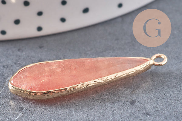Pendentif goutte jade rose facettes doré,pendentif jade, pendentif pierre,jade naturel, jade teinté rose,31mm, x1 G1774