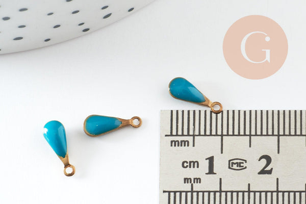 Pendentif goutte laiton brut émail bleu, laiton doré, pendentif goutte,création bijoux,11mm, x10 G0806