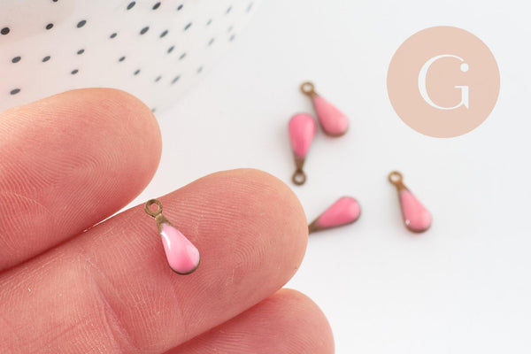 Pendentif goutte laiton brut émail rose,fournitures créatives, laiton doré, pendentif goutte, 11mm, x10 G2420