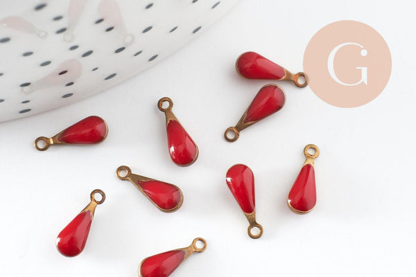 Pendentif goutte laiton brut émail rouge fournitures créatives, laiton doré, pendentif goutte,11mm, x10 G0810