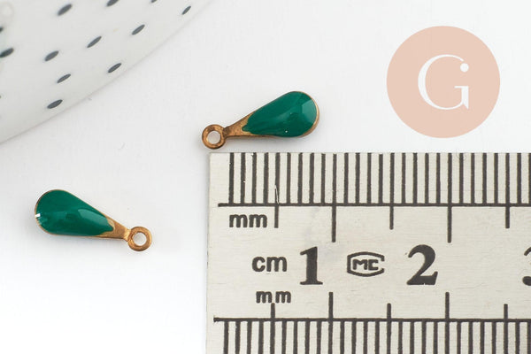 Pendentif goutte laiton brut émail vert, fournitures créatives, laiton doré, pendentif goutte,11mm, x10 G0809