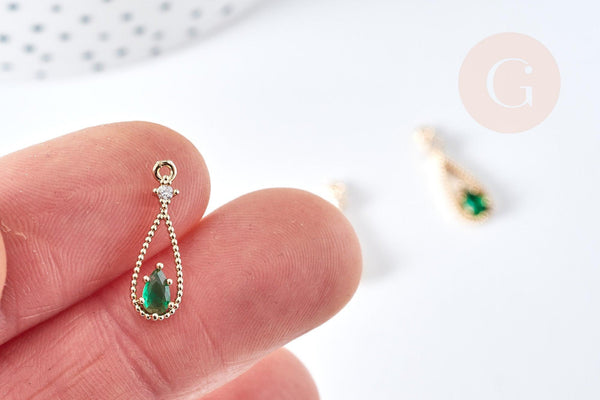 Pendentif goutte laiton doré zircon cristal vert 17,5mm, pendentif création bijoux, x1 G8436