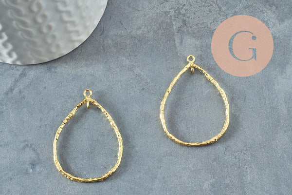 Pendentif goutte martelé laiton brut, breloque laiton brut,création bijoux,pendentif laiton brut,41.5mm, X2 (G3658)