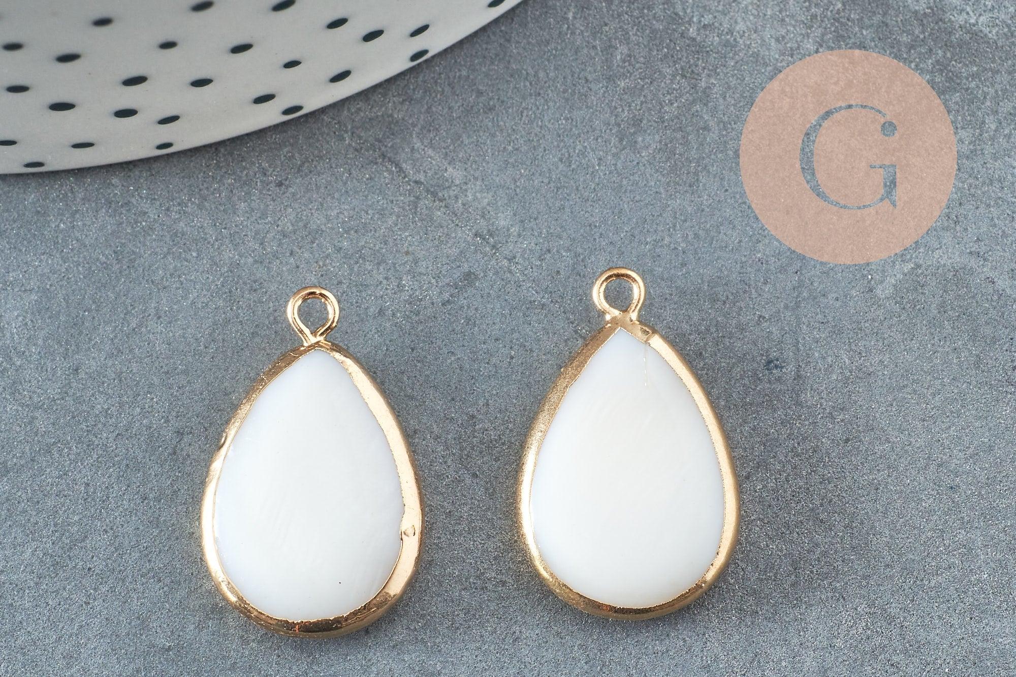 Pendentif goutte nacre blanche naturelle doré 23mm, x2 (G3871)
