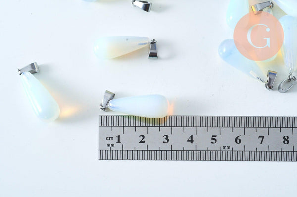 Pendentif goutte opalite roulée acier platine 30mm, pendentif pierre acier inoxydable pierre de synthèse, x1, G6166