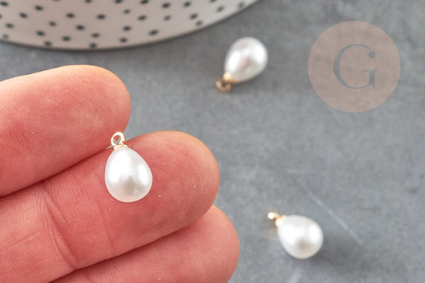 Pendentif goutte plastique imitation perle eau douce laiton doré 18K 13mm, x1 (G9364)