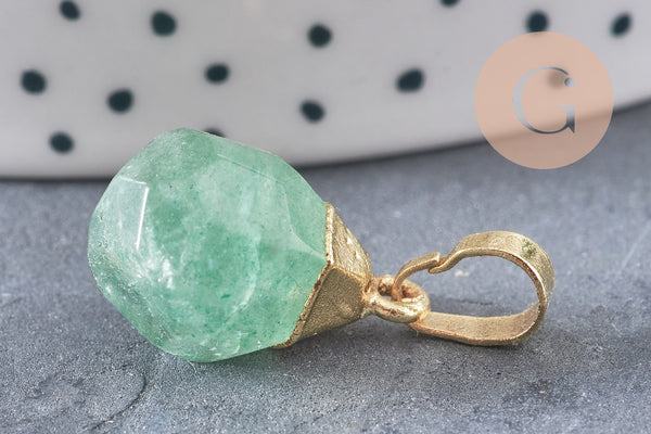 Pendentif goutte quartz fraise vert facetté doré, bijou pierre,pendentif pierre, quartz fraise naturel, bijoux pierre,19-21mm, x1 G4509