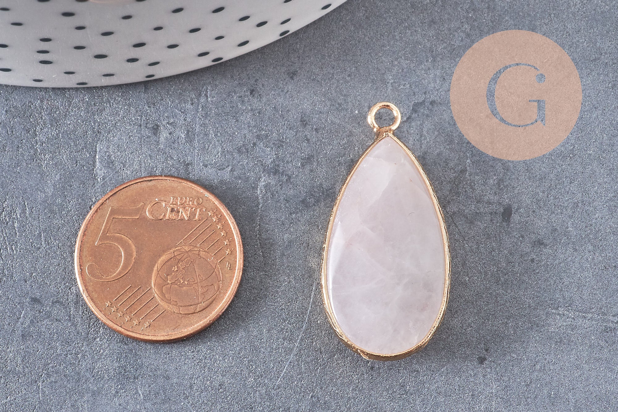Pendentif goutte quartz rose naturel laiton doré 33mm, x1 (G3620)