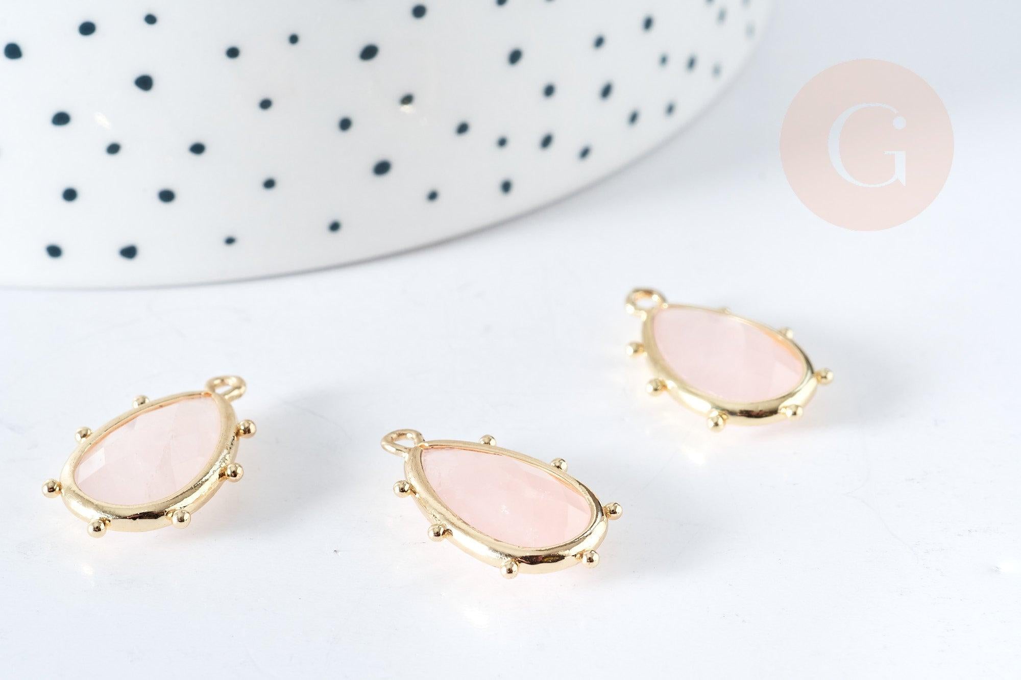 Pendentif goutte quartz rose naturelle laiton doré 22.5mm,pendentif bijou pierre naturelle, x1, G8368