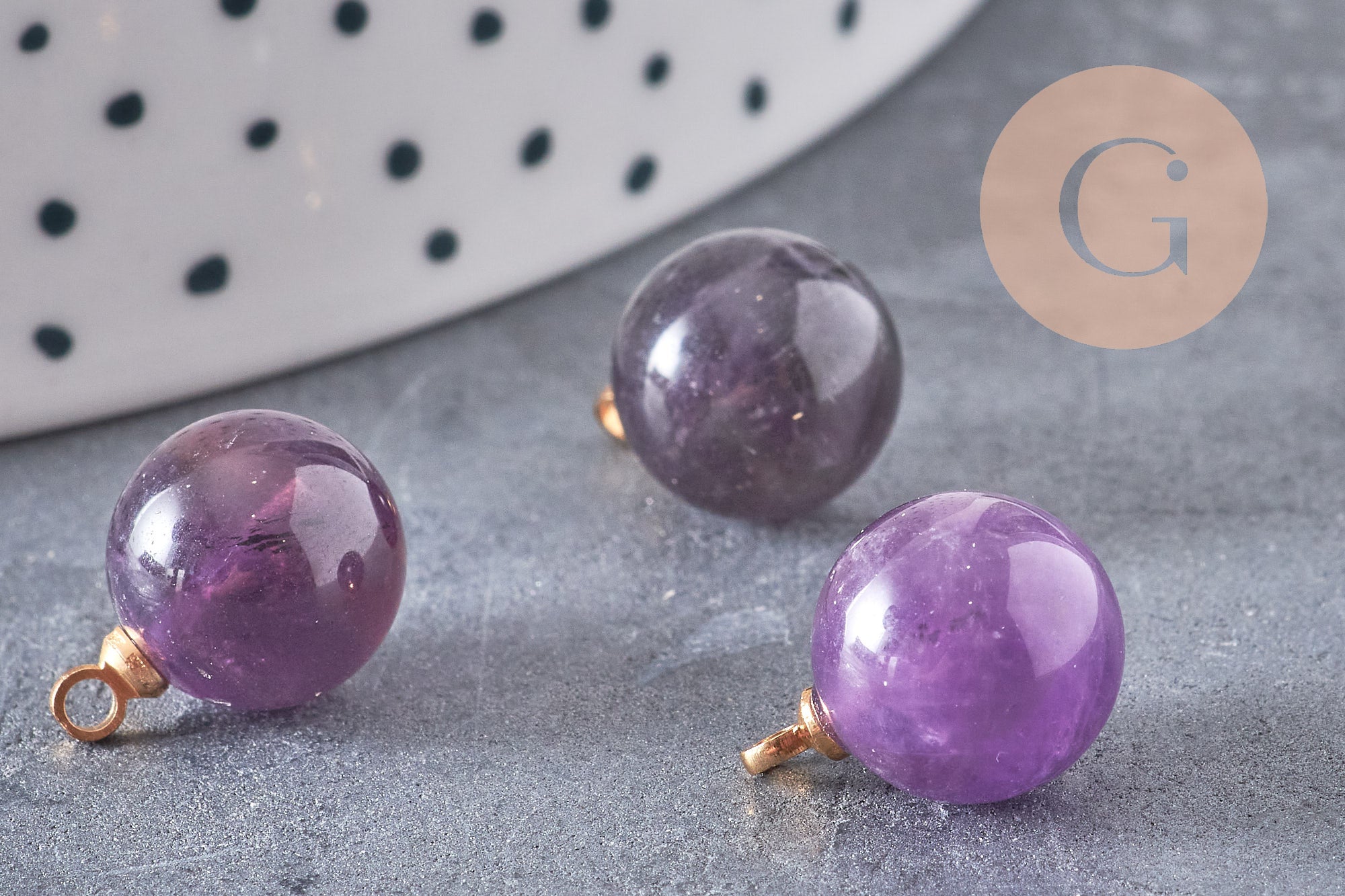 Pendentif goutte rond améthyste violette, support doré, création bijoux pierre naturelle, pendentif pierre naturelle, 14mm, x1, G4489