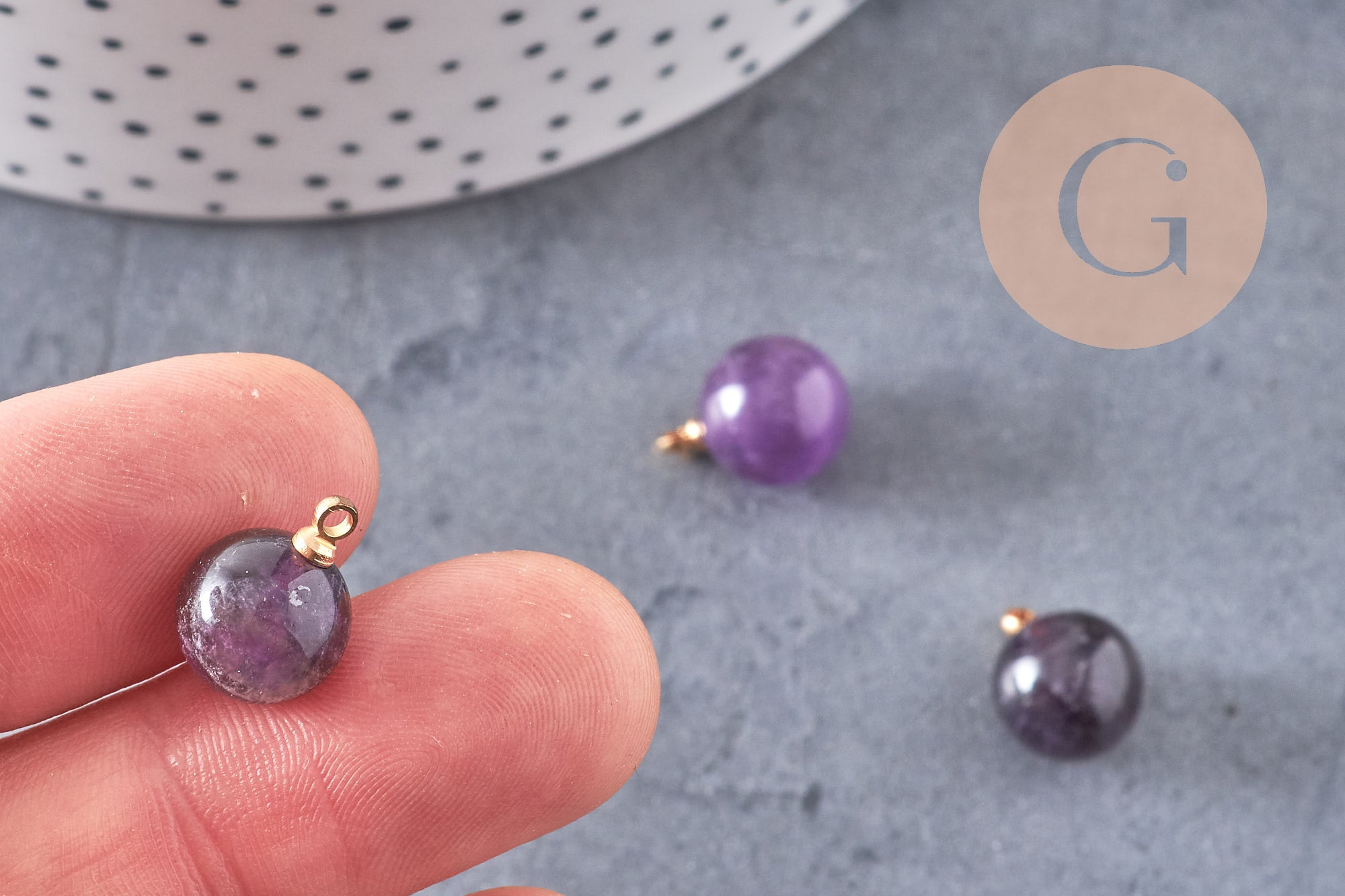 Pendentif goutte rond améthyste violette, support doré, création bijoux pierre naturelle, pendentif pierre naturelle, 14mm, x1, G4489
