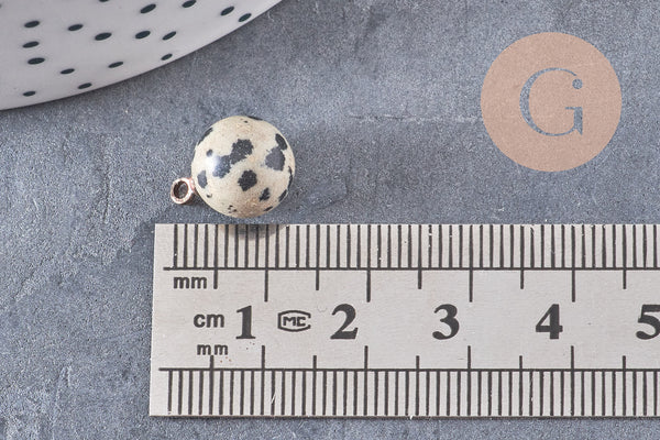 Pendentif goutte rond jaspe dalmatien naturel, support doré, création bijoux pierre naturelle,14mm, x1 (G4488)