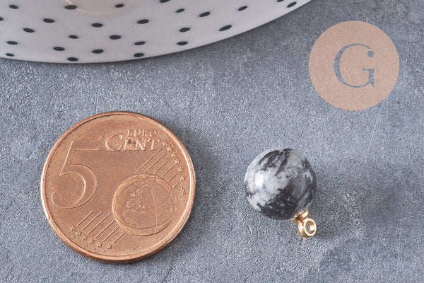 Pendentif goutte rond jaspe netstone gris support doré, création bijoux pierre naturelle, pendentif pierre naturelle, 14mm, x1, G4563