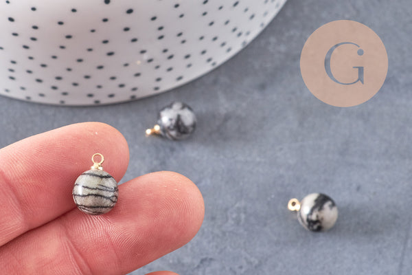 Pendentif goutte rond jaspe netstone gris support doré, création bijoux pierre naturelle, pendentif pierre naturelle, 14mm, x1, G4563