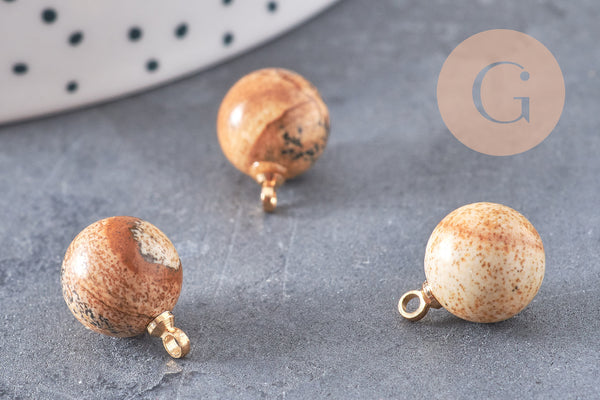 Pendentif goutte rond jaspe paysage naturel, support doré, création bijoux pierre naturelle, 14mm, x1 (G4487)