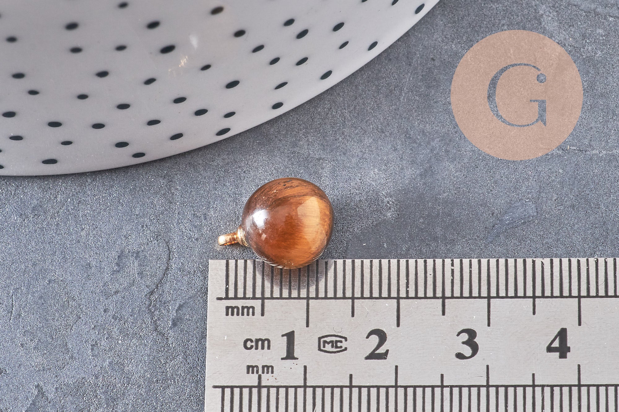 Pendentif goutte rond oeil de tigre naturel, support doré, création bijoux pierre naturelle, pendentif pierre naturelle, 14mm, x1, G4565