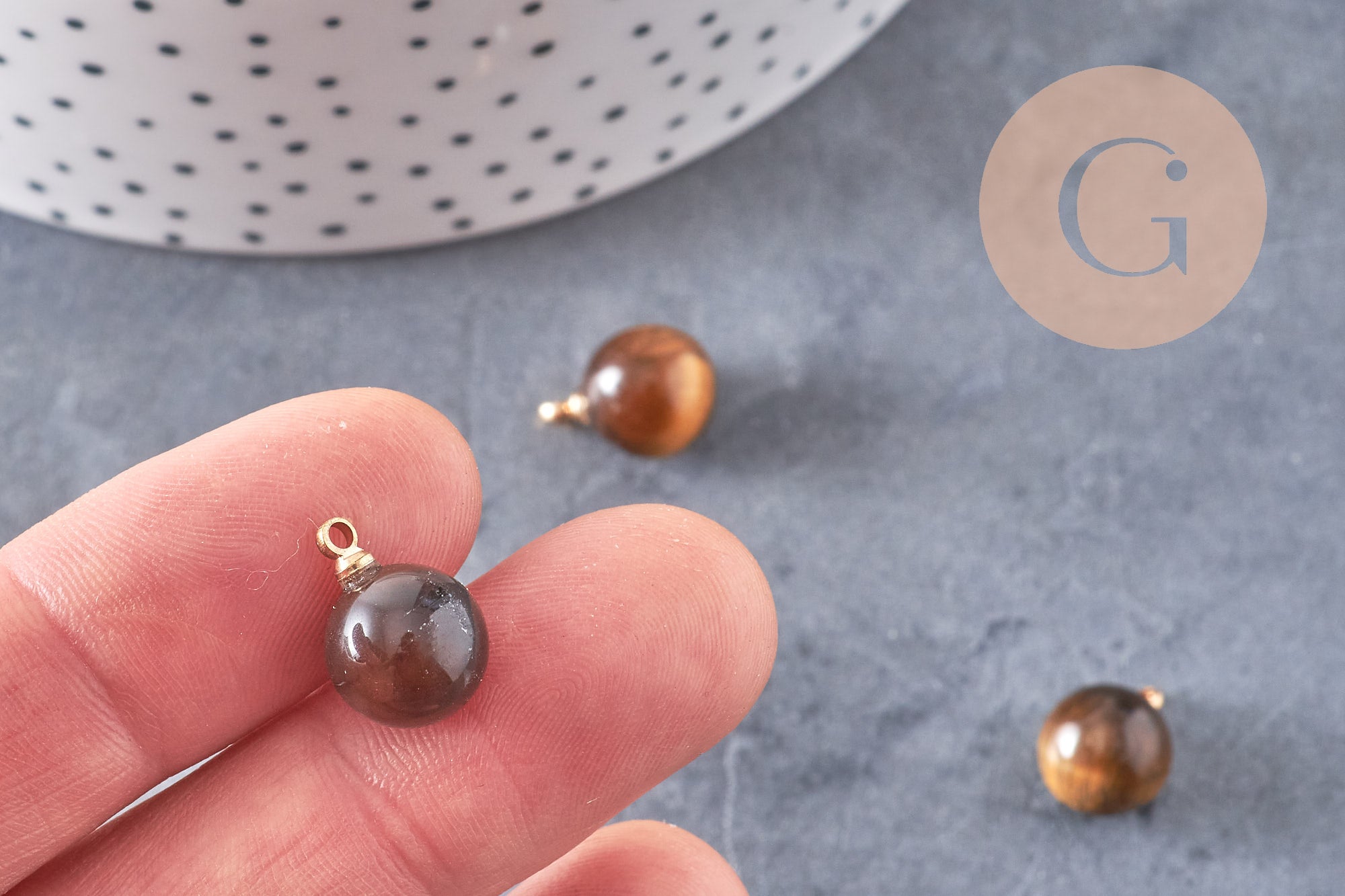 Pendentif goutte rond oeil de tigre naturel, support doré, création bijoux pierre naturelle, pendentif pierre naturelle, 14mm, x1, G4565
