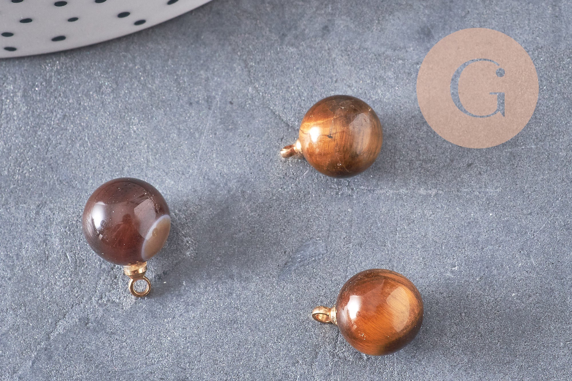 Pendentif goutte rond oeil de tigre naturel, support doré, création bijoux pierre naturelle, pendentif pierre naturelle, 14mm, x1, G4565