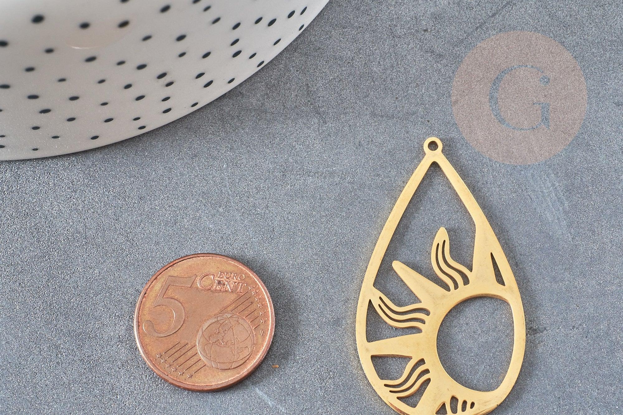 Pendentif goutte soleil acier 201 inoxydable dore 45mm ,breloque acier inoxydable doré, x1 G5689