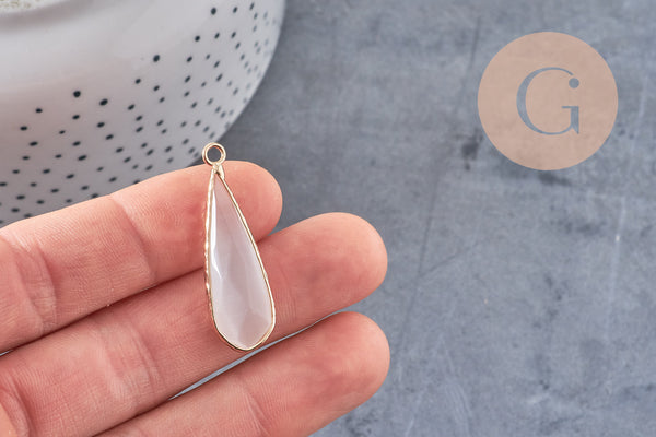 Pendentif goutte verre blanc facettes doré, fournitures créatives, pendentif pierre,verre œil de chat,31mm, x1 G5192