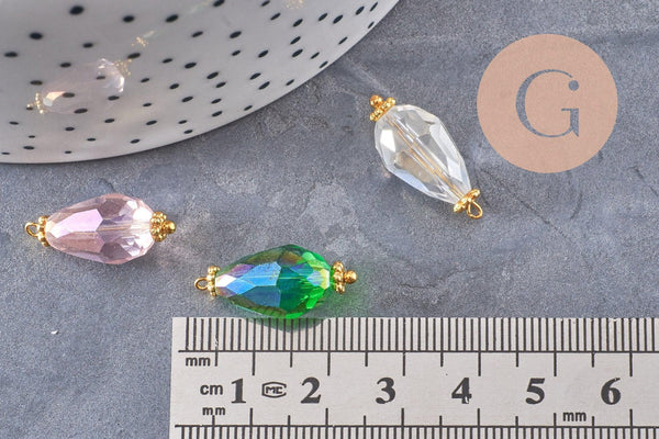 Pendentif goutte verre facetté irisé zamac doré, pendentif doré verre artisanal, 20-21mm, X10 (G5042)