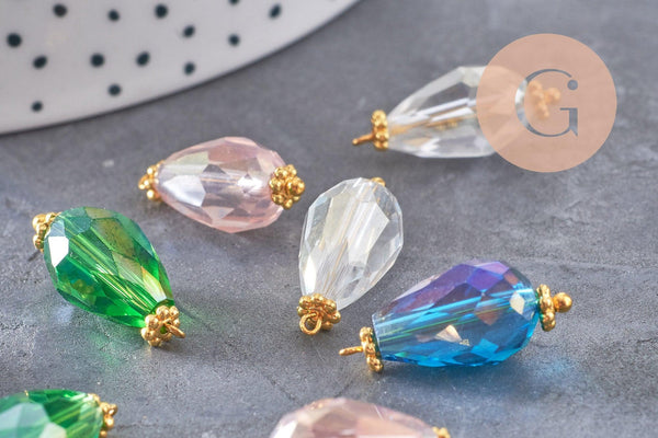 Pendentif goutte verre facetté irisé zamac doré, pendentif doré verre artisanal, 20-21mm, X10 (G5042)