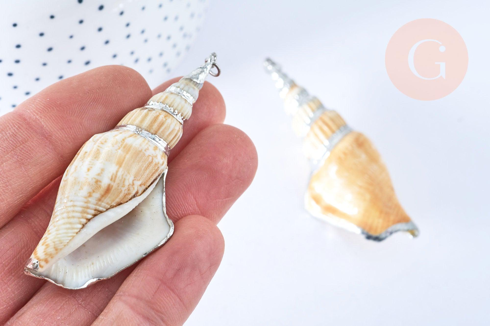 Pendentif grand coquillage naturel spirale beige argenté 58-66mm, pendentif création bijoux coquillage, x1 G7160