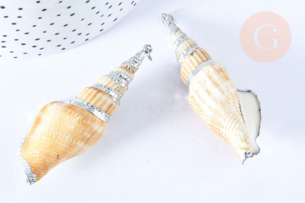 Pendentif grand coquillage naturel spirale beige argenté 58-66mm, pendentif création bijoux coquillage, x1 G7160