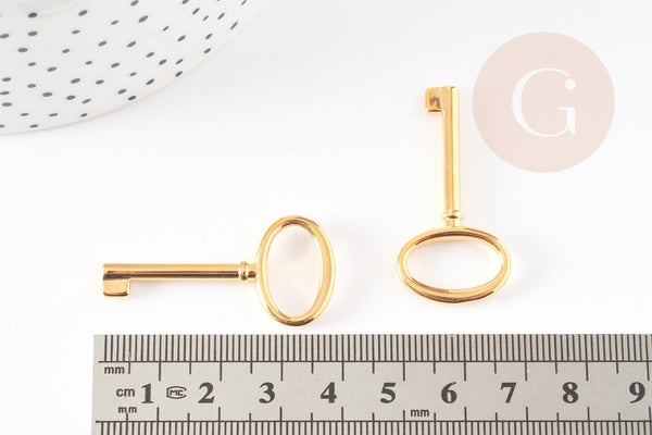 Pendentif grande clef laiton doré 16K 40mm, création de bijou doré clé pour cadenas d'amour, x1 (G5014)