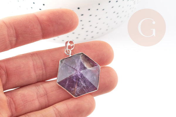 Pendentif hexagone améthyste violette, pendentif pierre,support doré ou argenté, 33mm, x1 (G3104)