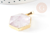 Pendentif hexagone améthyste violette, pendentif pierre,support doré ou argenté, 33mm, x1 (G3104)