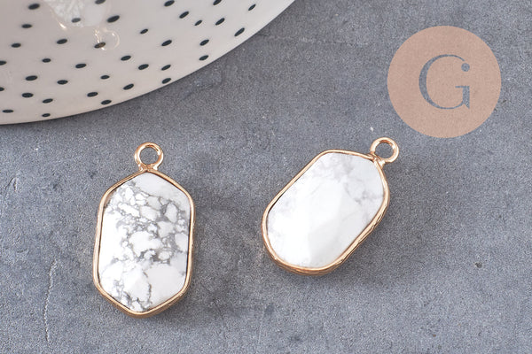Pendentif hexagone howlite,pendentif pierre, support doré,création bijou,pierre naturelle,bijou pierre, howlite naturelle,25mm-G1868