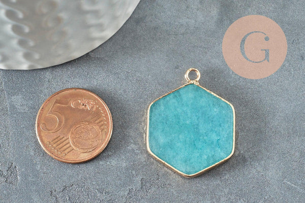 Pendentif hexagone jade bleu turquoise,pendentif pierre,support doré,pierre naturelle,bijou pierre, jade naturel,30-31mm, x1 G5419