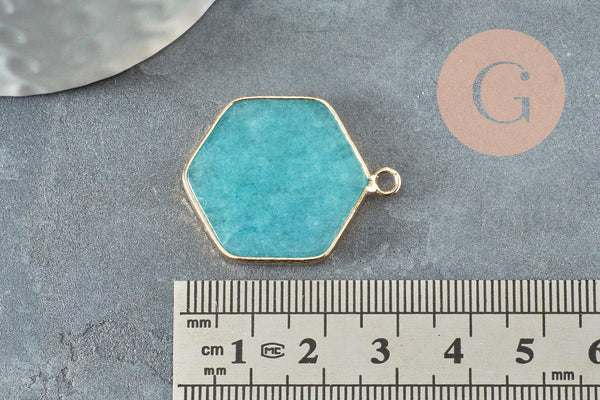 Pendentif hexagone jade bleu turquoise,pendentif pierre,support doré,pierre naturelle,bijou pierre, jade naturel,30-31mm, x1 G5419