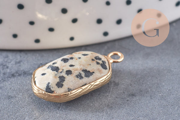 Pendentif hexagone jaspe dalmatien,pendentif pierre, support doré,création bijou pierre naturelle,jaspe naturel,25mm, x1, G1866